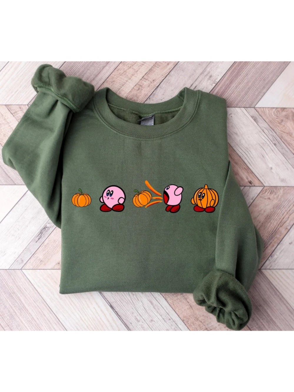 Forest Green Crewneck with Pink Character Pumpkin Graphic